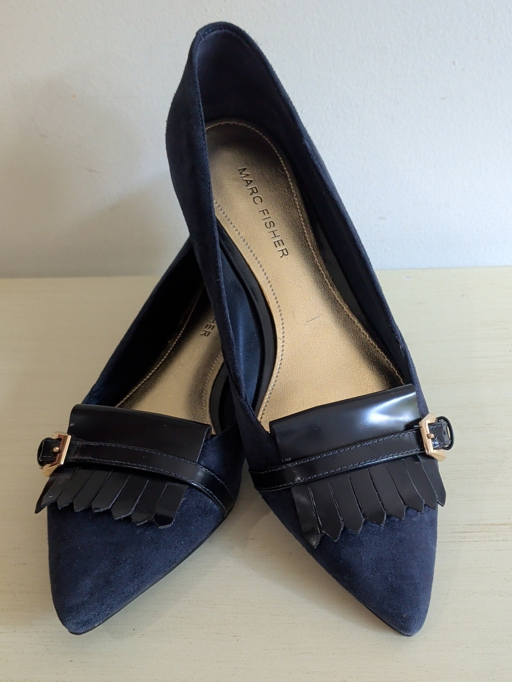 Marc Fisher Navy Suede Pointed Toe Fringe Loafers Flats Size 7.5